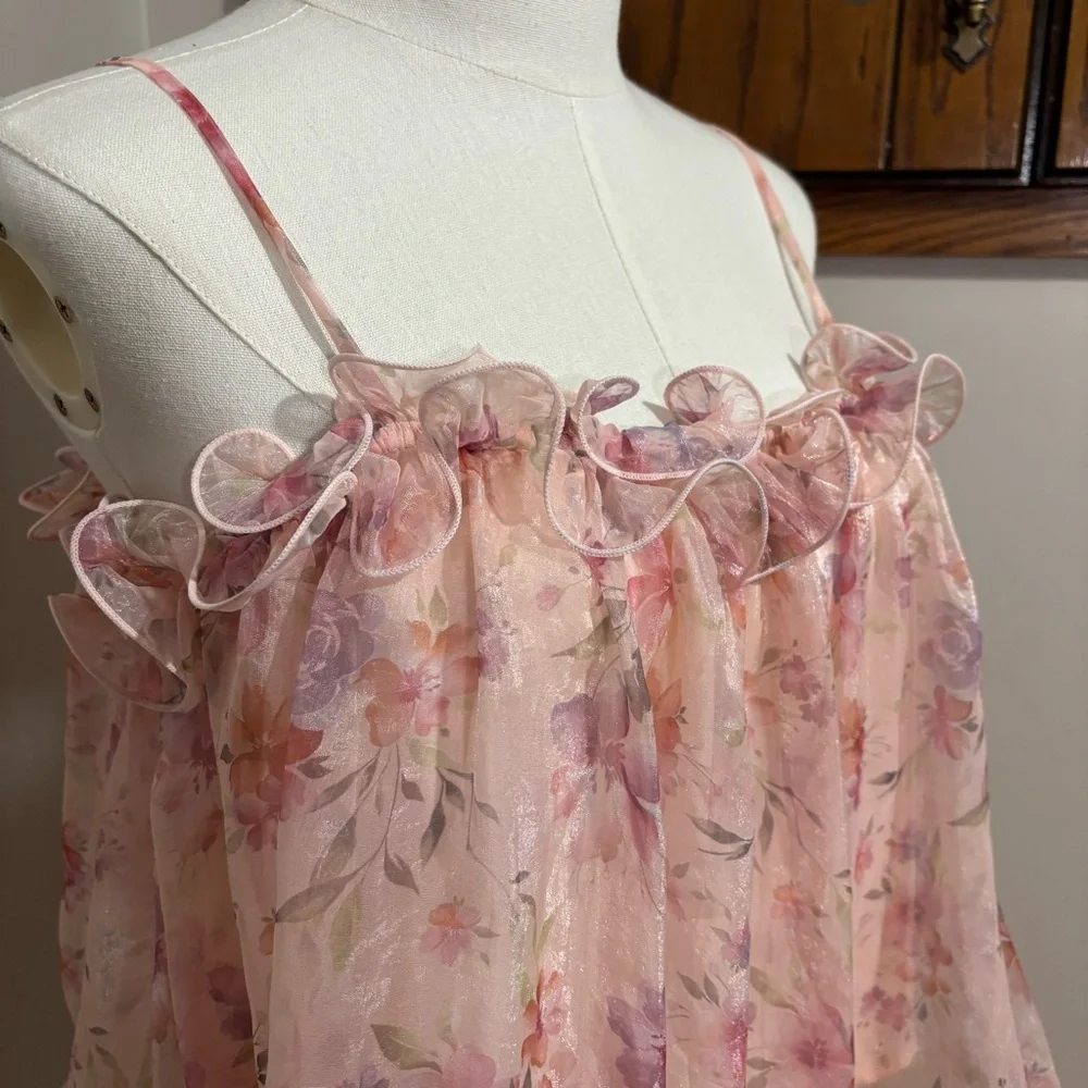 Pink Floral Chiffon Camisole Top Ruffle Tiered Spaghetti Strap Size Large - Picture 3 of 8